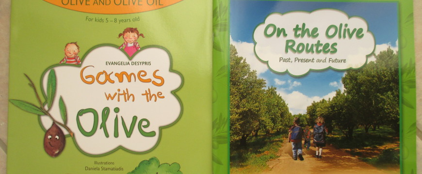 Covers of books for tourist children about olive oil
