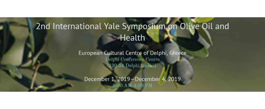 The words "2nd International Yale Symposium on Olive Oil and Health" with olive branches behind them