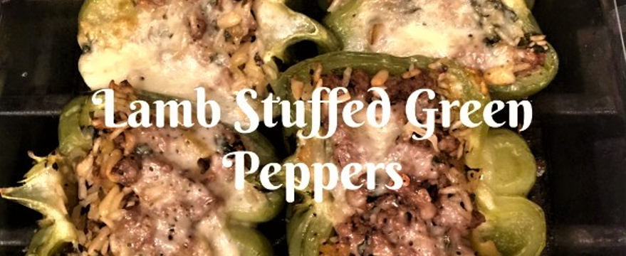 a photo of lamb stuffed green peppers with their name written over them in white letters
