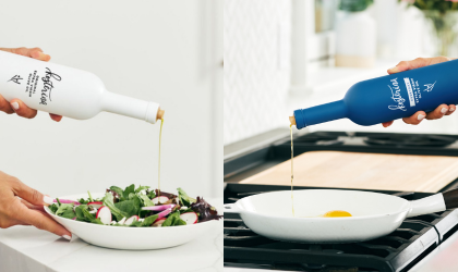 a white bottle of olive oil being poured onto salad and a blue bottle of olive oil being poured into a frying pan