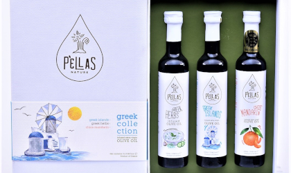 Pellas Nature Greek Collection gift box, showing three bottles of flavored olive oil in an open decorative box