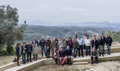 Athena IOOC judges outside, in front of olive groves and hills in Messinia, Greece