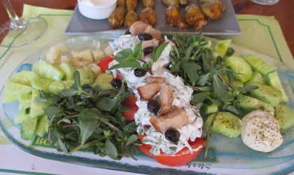 Mixed salad featuring local products, Botanical Park restaurant in Crete