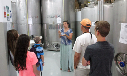 Chloe Dimitriadis discussing the traditional olive oil production process with tourists 