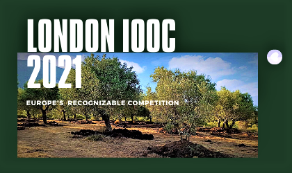 the words "London IOOC 2021 Europe's recognizable competition" with a photo of an olive grove behind some of the text, and a dark green border behnd some of it