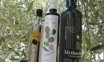 bottles of Papadopoulos olive oil in an olive tree