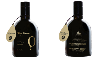 the front and back of dark glass bottles of Olive Poem brand extra virgin olive oil