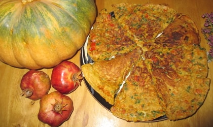 carrot onion parsley frittata pictured with pumpkin and pomegranates 