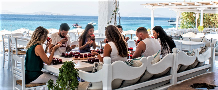 seven people seated at a table tasting olive oil, with the sea in the background