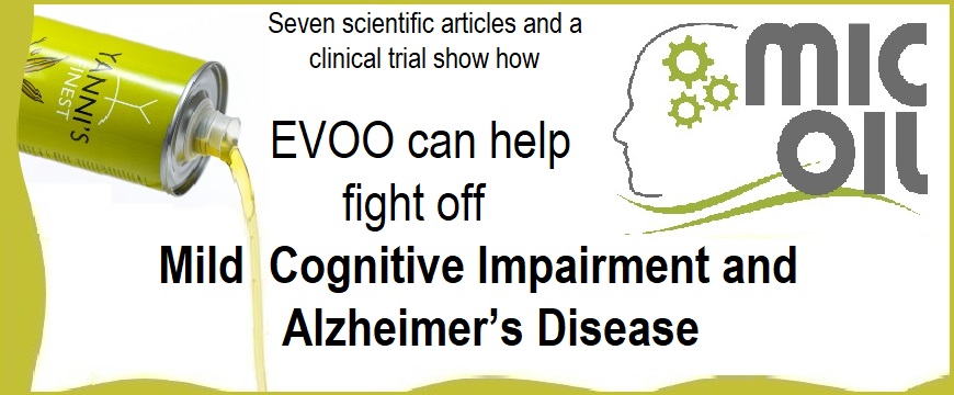 a photo of part of a tin of Yanni's Finest olive oil on the right, the MICOIL study logo on the left, and text in between saying "seven scientific articles and a clinical trial show how EVOO can help fight off mild cognitive impairment and Alzheimer's disease" 