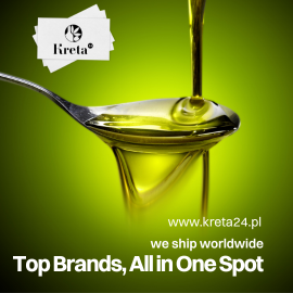 Olive oil poured onto and overflowing a spoon, with a golden and green background, the Kreta24 logo, and at the bottom www.kreta24.pl, we ship worldwide, and Top Brands, All in One Spot