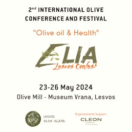 A banner ad with some logos and many words, including these: 2nd INTERNATIONAL OLIVE CONFERENCE AND FESTIVAL OLIVE OIL & HEALTH ELIA LESVOS CONFEST 23 – 26 MAY 2024