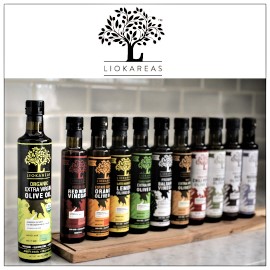 Below the Liokareas logo, with its stylized tree and trunk forming an L, there is a row of their olive oils and vinegars, with their organic extra virgin on the left