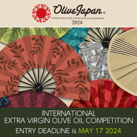 The Olive Japan 2024 logo above colorful drawings of open fans, and at the bottom of the square banner the words International Extra Virgin Olive Oil Competition Entry deadline is May 17, 2024
