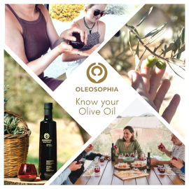 The words “Oleosophia Know Your Olive Oil” in a white diamond shape in the center, surrounded by triangular photos depicting olive oil tasting, an olive oil bottle, and a hand touching olives growing on a tree