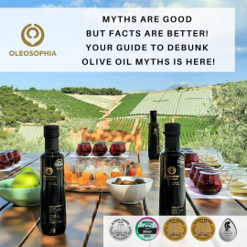 A photo of Oleosophia olive oil on a table with professional olive oil tasting glasses and olive groves and fields in the background; above are the words 