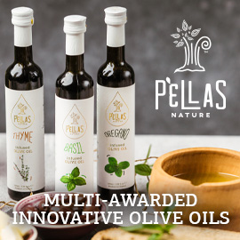 3 bottles of Pellas Nature flavored olive oils, with their logo at the right above a clay bowl of olive oil, and near the bottom the words 