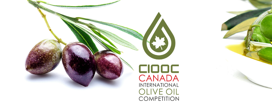 The words "CIOOC Canada International Olive Oil Competition" between a branch with three black olives, and the edge of a bowl with olive oil and green olives