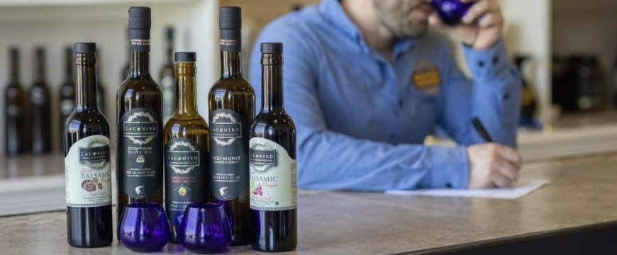 5 bottles of Laconiko olive oils and balsamic vinegars