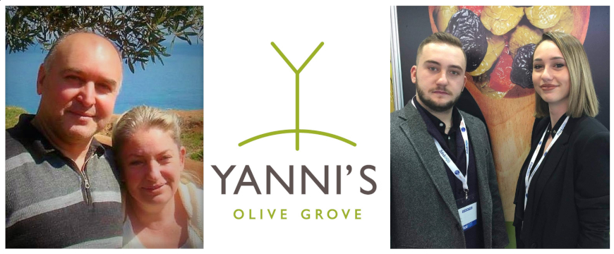 the Prodromou family, with parents on the left and their two grown children on the right; the Yanni's Olive Grove logo is in the middle