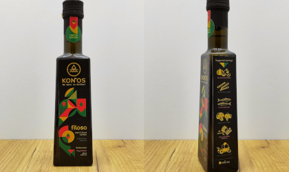 An olive oil bottle that includes food pairings on its label
