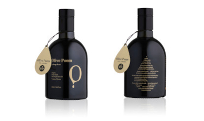two bottles of Olive Poem olive oil, one viewed from the front and the other from the back