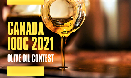 A banner ad with the words "Canada IOOC 2021 Olive Oil Contest," next to olive oil pouring out of a bottle 