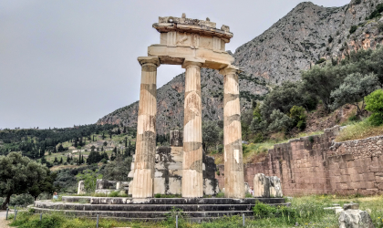 The 3 columns of the Tholos remnants at the archaeological site of Delphi
