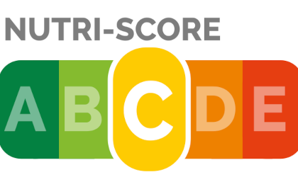 The Nutri-Score front-of-pack nutrition label, with the letters A, B, C, D, and E lined up in different colored boxes, with dark green for A, followed by light green for B, yellow for C, orange for D, and red for E. In this image, the yellow spot for C is a larger oval than the other spots, indicating a C grade.
