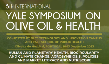 a banner for the Yale Symposium on Olive Oil and Health listing the location, hosts, and topics