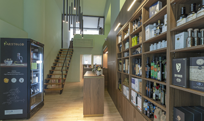 The Olive Lab & Shop, with shelves full of olive oil bottles on the right, a counter in the center, steps in the back leading up to the lab, and a refrigerator on the left