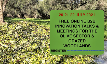 a pile of harvested olives in an olive grove and a text box saying "20-21-22 July 2021 FREE ONLINE B2B INNOVATION TALKS & MEETINGS FOR THE OLIVE SECTOR AND GRAZED WOODLANDS REGISTER https://livingagro-brokerage-event-2021.b2match.io/signup" 