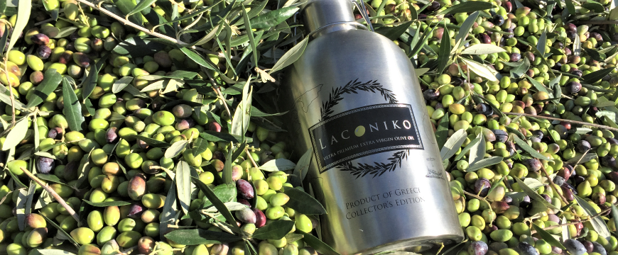 a silver bottle of Laconiko ultra premium extra virgin olive oil collector's edition lying in harvested olives in the sun