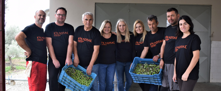 Kyklopas staff wearing black T shirts with the Kyklopas name, with two crates full of harvested olives