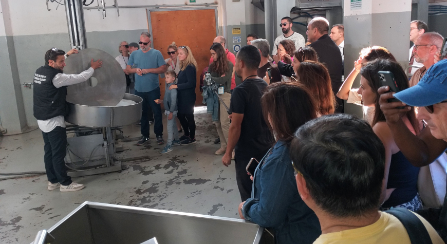 people listening to someone explain how a traditional olive mill works, holding up a mat where olive paste is pressed