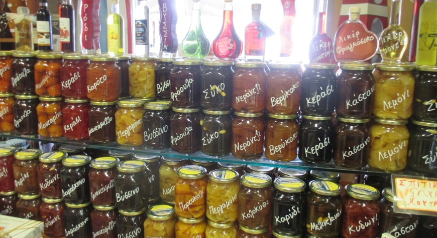 colorful jars of preserves in a shop in Gythio