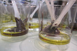 Samples of chocolate mousse covered with E-la-won olive oil at the Food Expo in Athens
