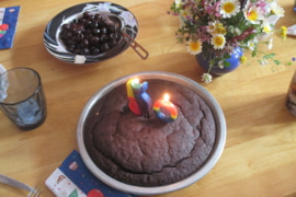 a chocolate cake in a metal pan, with candles burning, near a bouquet of flowers